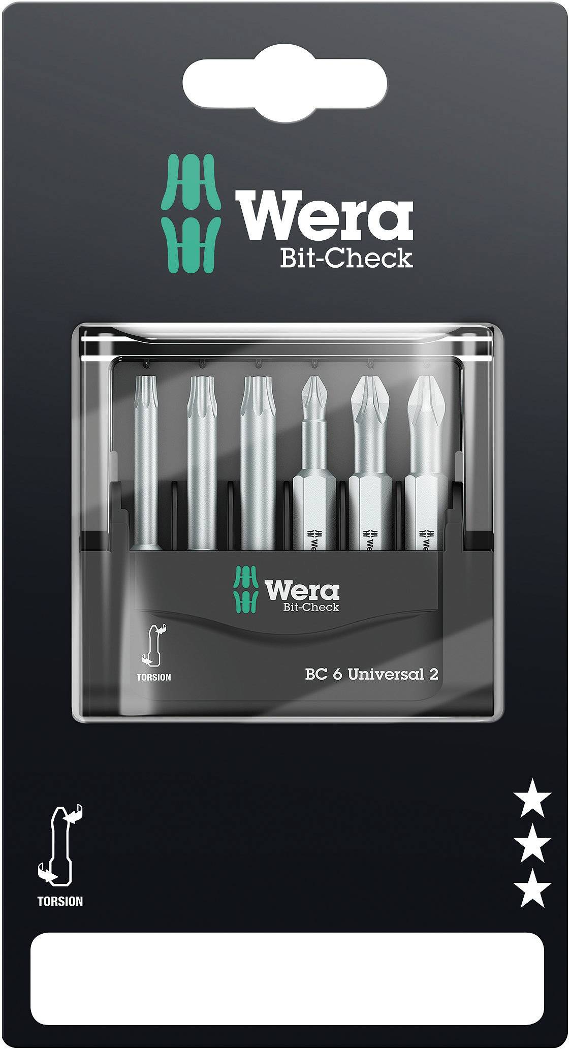 'Wera Bit-Check BC 6 Universal 2' Bitsatz, 6-teilig, für verschiedene Schraubentypen, in einer Kunststoffbox, Verpackungsvorderseite.