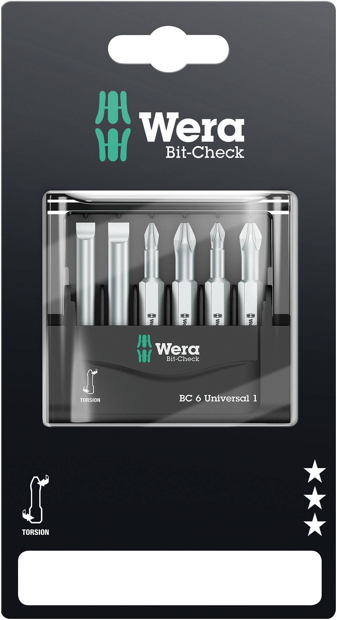 'Wera Bit-Check BC 6 Universal 1' Verpackung mit sechs verschiedenen Schrauberbits. Enthält Torsion-Technologie für verbesserte Haltbarkeit.