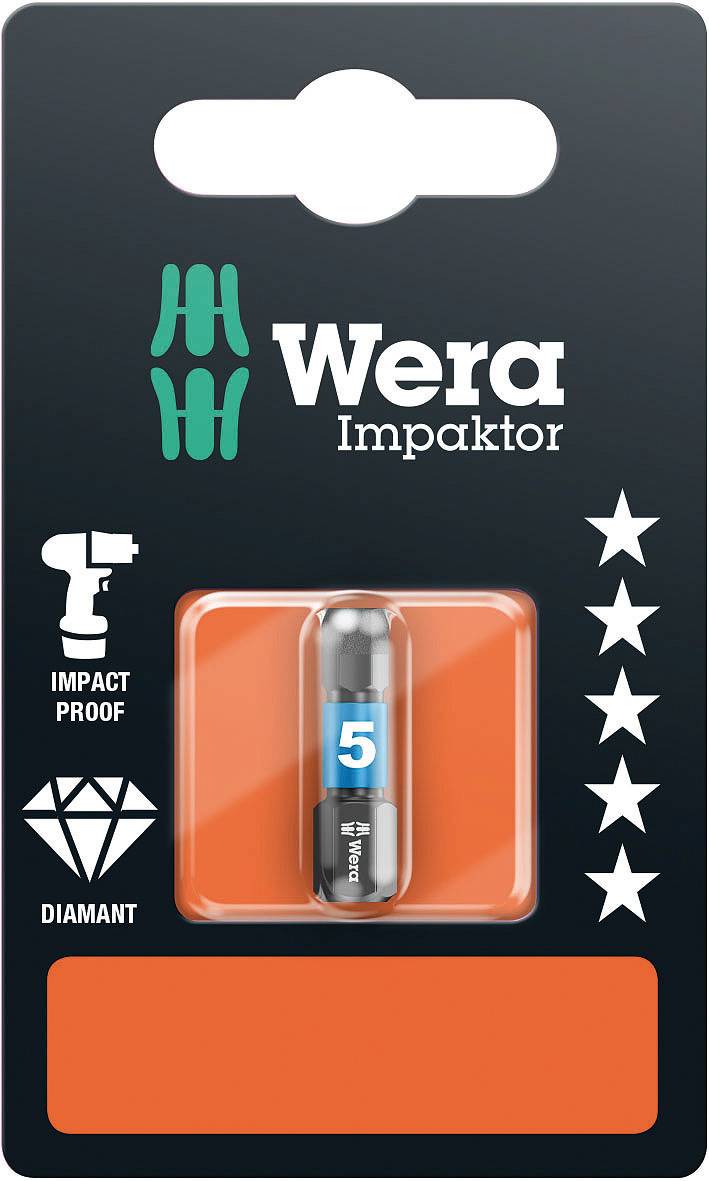 Verpackung eines Wera Impaktor Bits, Größe 5, mit 'Impact Proof' und 'Diamant'-Symbolen auf schwarzem Hintergrund.