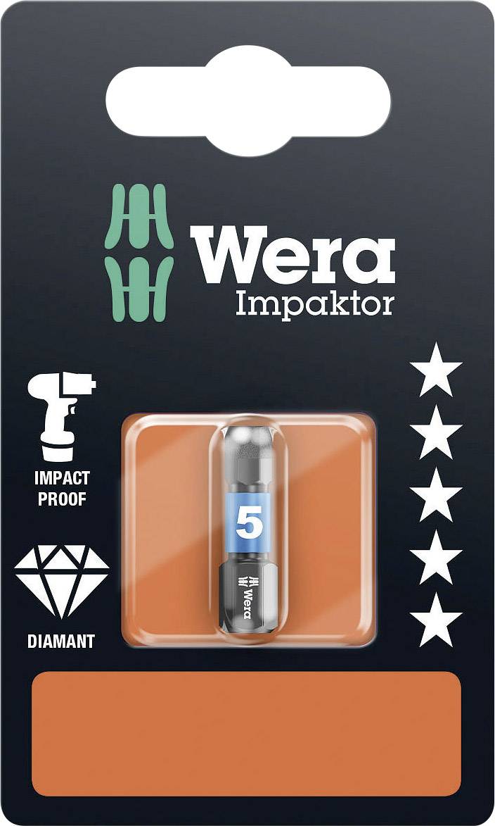 Wera Impaktor Bit Verpackung, Größe 5, für Schlagbohrschrauber, mit Diamantbeschichtung und Langlebigkeitssymbolen.