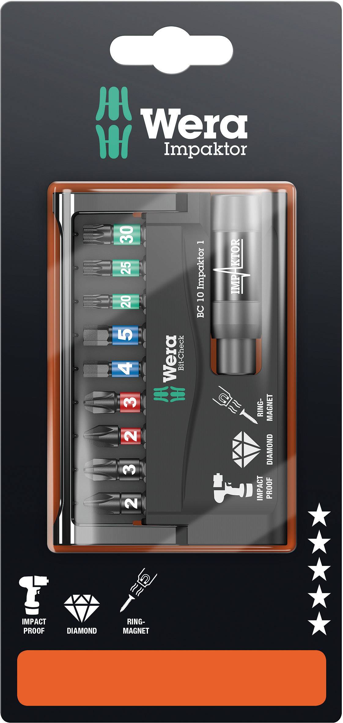 'Wera Impaktor Bit-Set' in Verpackung. Enthält mehrere farbcodierte Schrauberbits und einen Bithalter. Markenname und Symbole sichtbar.