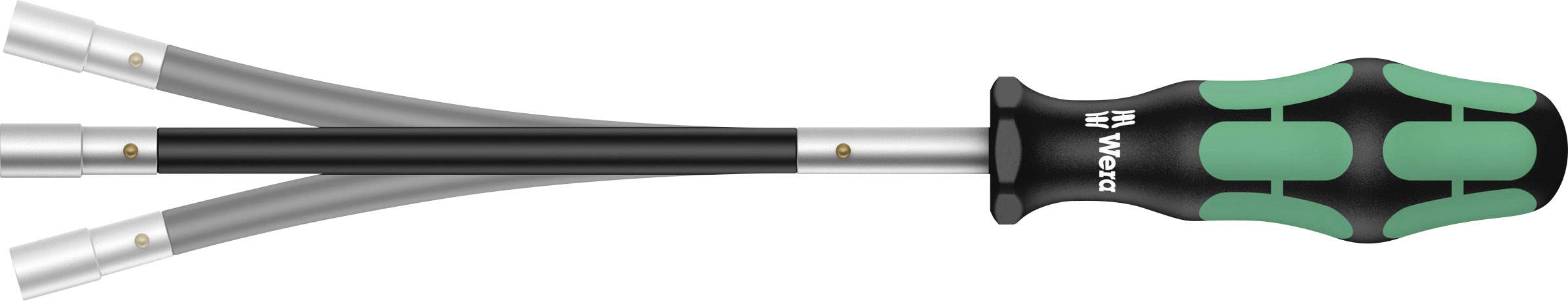 Schraubenzieher mit ergonomischem Griff, grün und schwarz, sowie drei verschiedenen austauschbaren Klingen, die V-Form bilden.