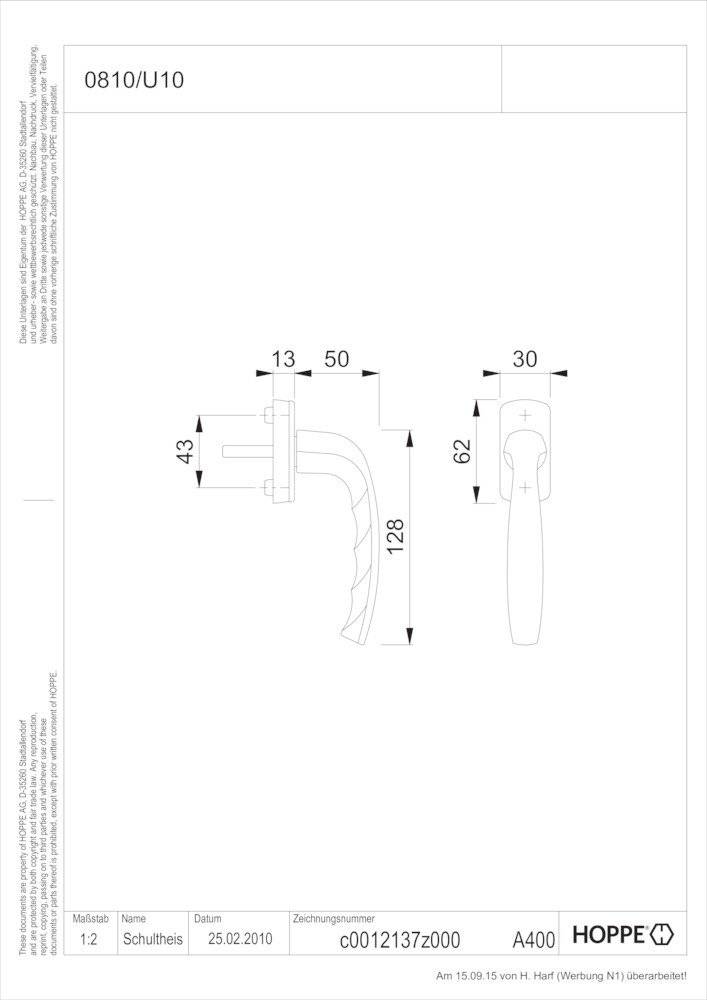 HOPPE Fenstergriff 0810/U10,Stand.,eck,7/43,F1