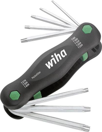 Schwarzes multifunktionales Fahrradwerkzeug mit acht ausklappbaren Inbusschlüsseln unterschiedlicher Größe, Markenname 'Wiha'.