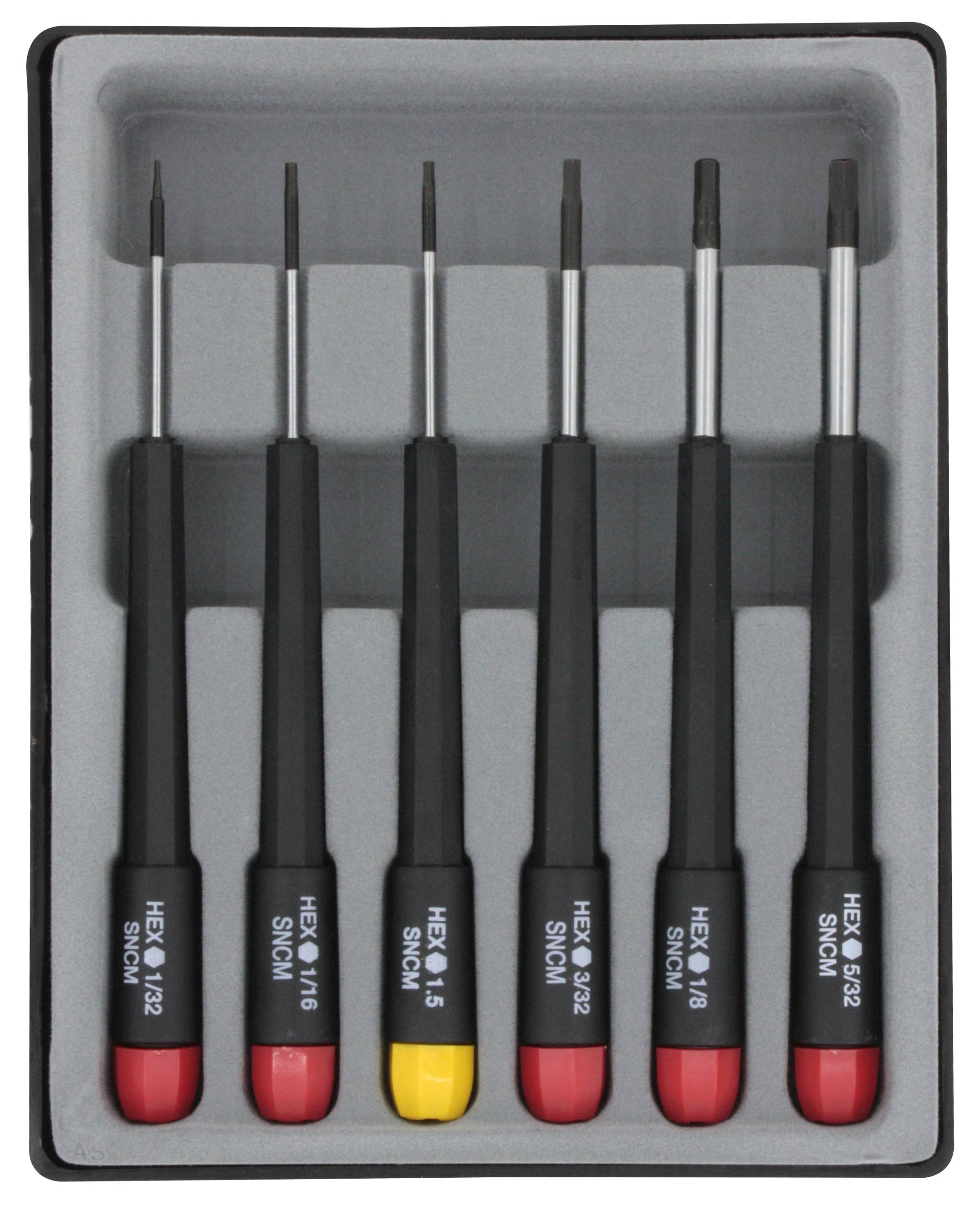 Ein Set von sechs Präzisionsschraubendrehern mit farbigen Griffen in einer Schaumstoffbox, geeignet für feine Schraubarbeiten.