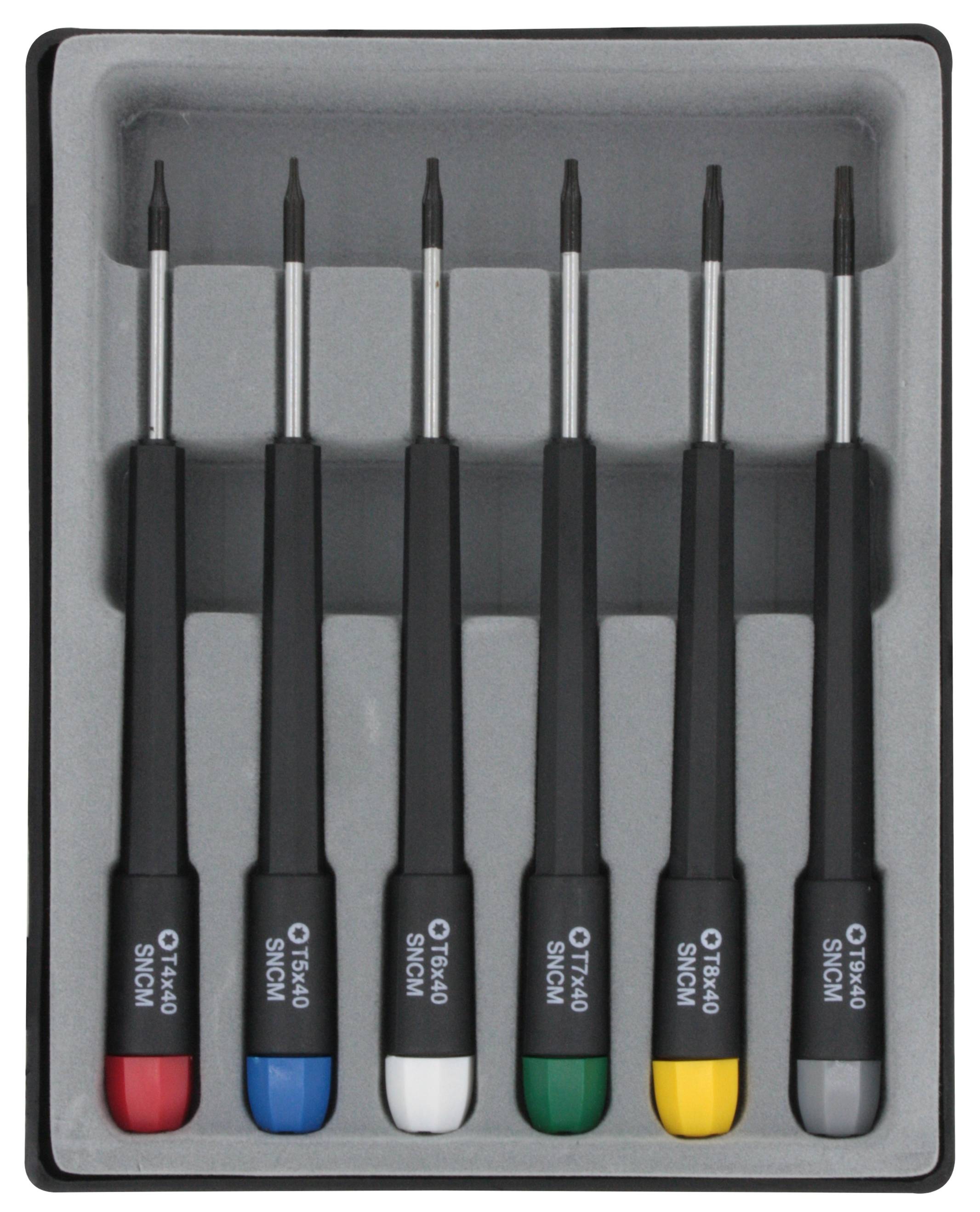 Eine Schachtel mit sechs Präzisionsschraubendrehern in verschiedenen Farben: Blau, Rot, Weiß, Grün, Gelb und Schwarz.