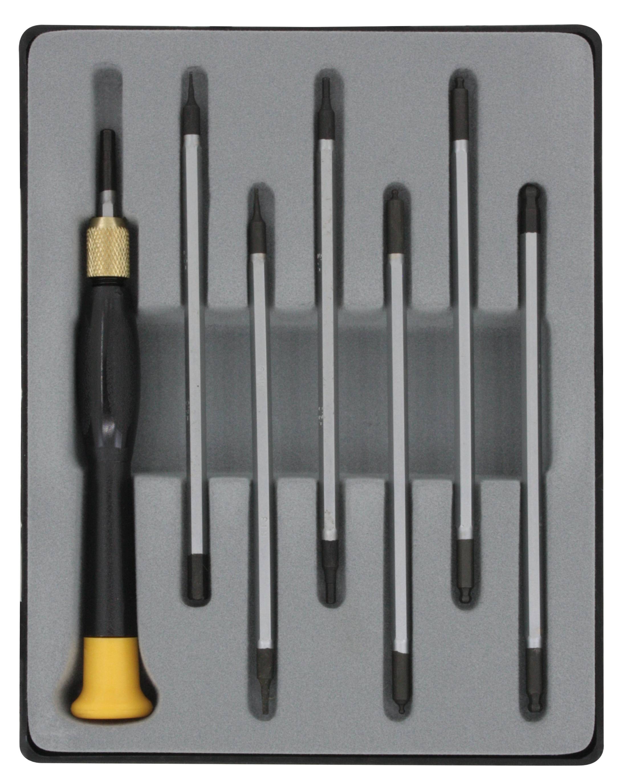 Ein Set von sechs Schraubendrehern mit magnetischen Spitzen und ergonomischem Griff in schwarzer und gelber Farbe, in einem Etui.