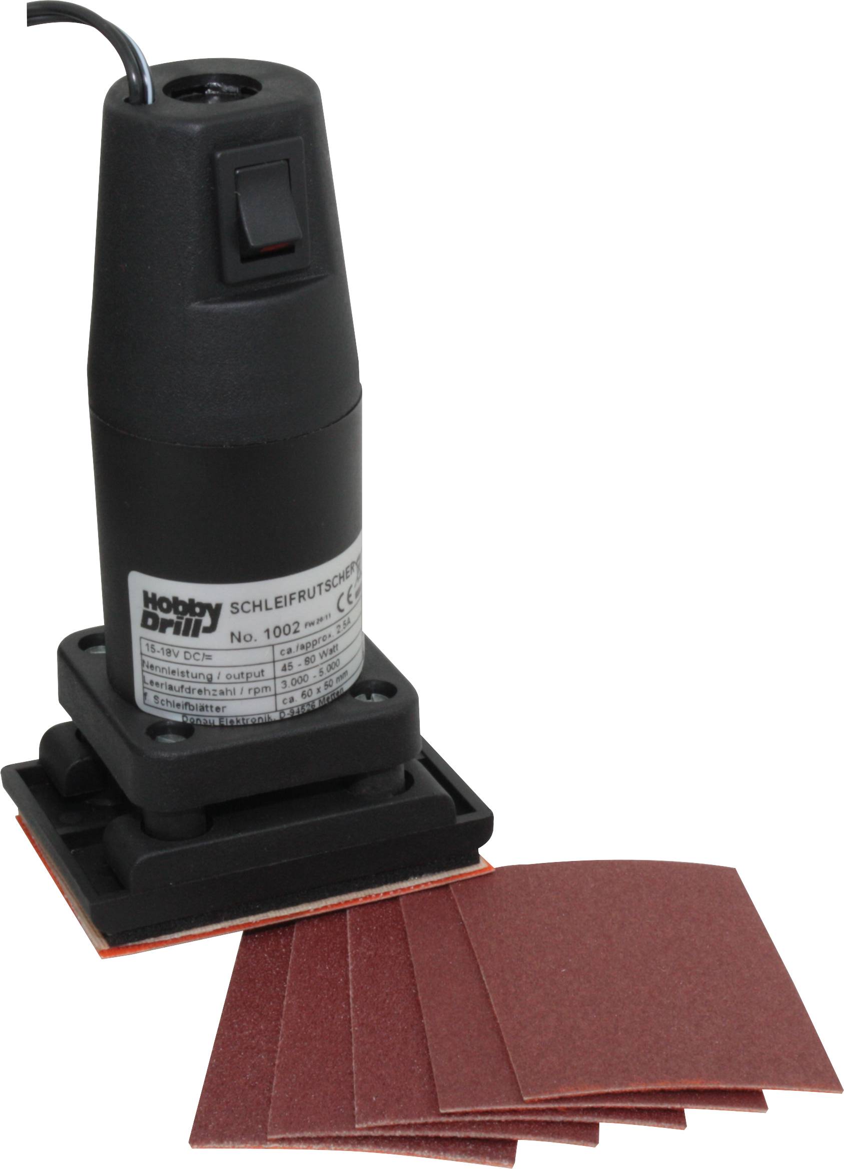 Schwarz-grauer Elektroschleiferschwingschleifer mit 'Hobby Drill'-Logo, auf Tisch stehend, daneben mehrere rote Schleifpapierblätter.
