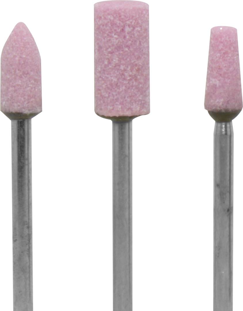 Drei Schleifstifte mit rosa Schleifköpfen und silbernen Schäften, in unterschiedlichen Formen: spitz, zylindrisch und konisch.