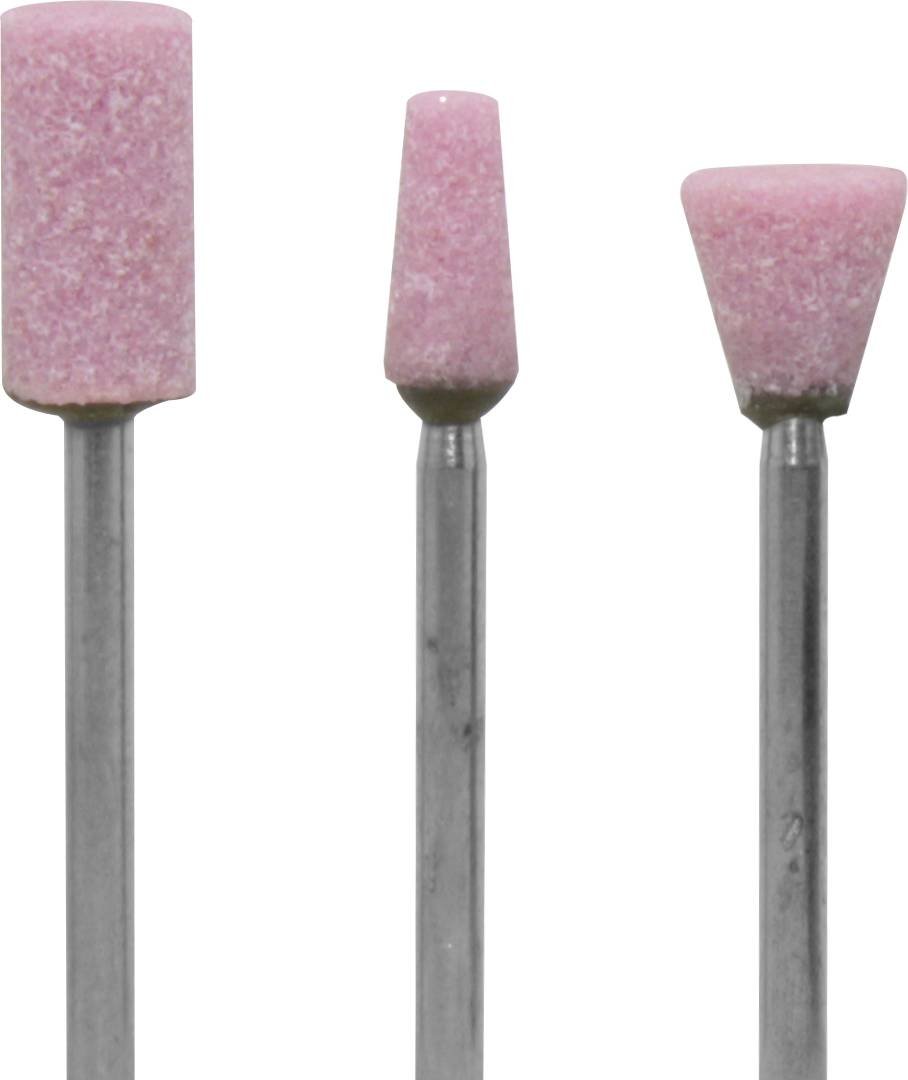 Drei rosa Schleifaufsätze mit metallischen Schäften, jeweils in unterschiedlichen Formen: zylindrisch, konisch und trichterförmig.