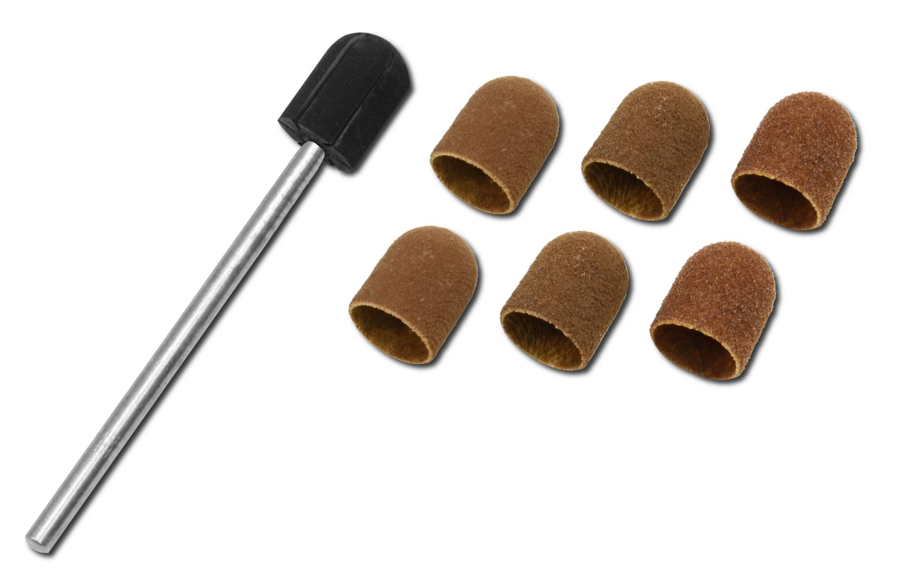 Ein Schleifaufsatz mit Metallschaft und sechs braune Schleifbänder. Geeignet für das Bearbeiten von Oberflächen in Handwerksprojekten.