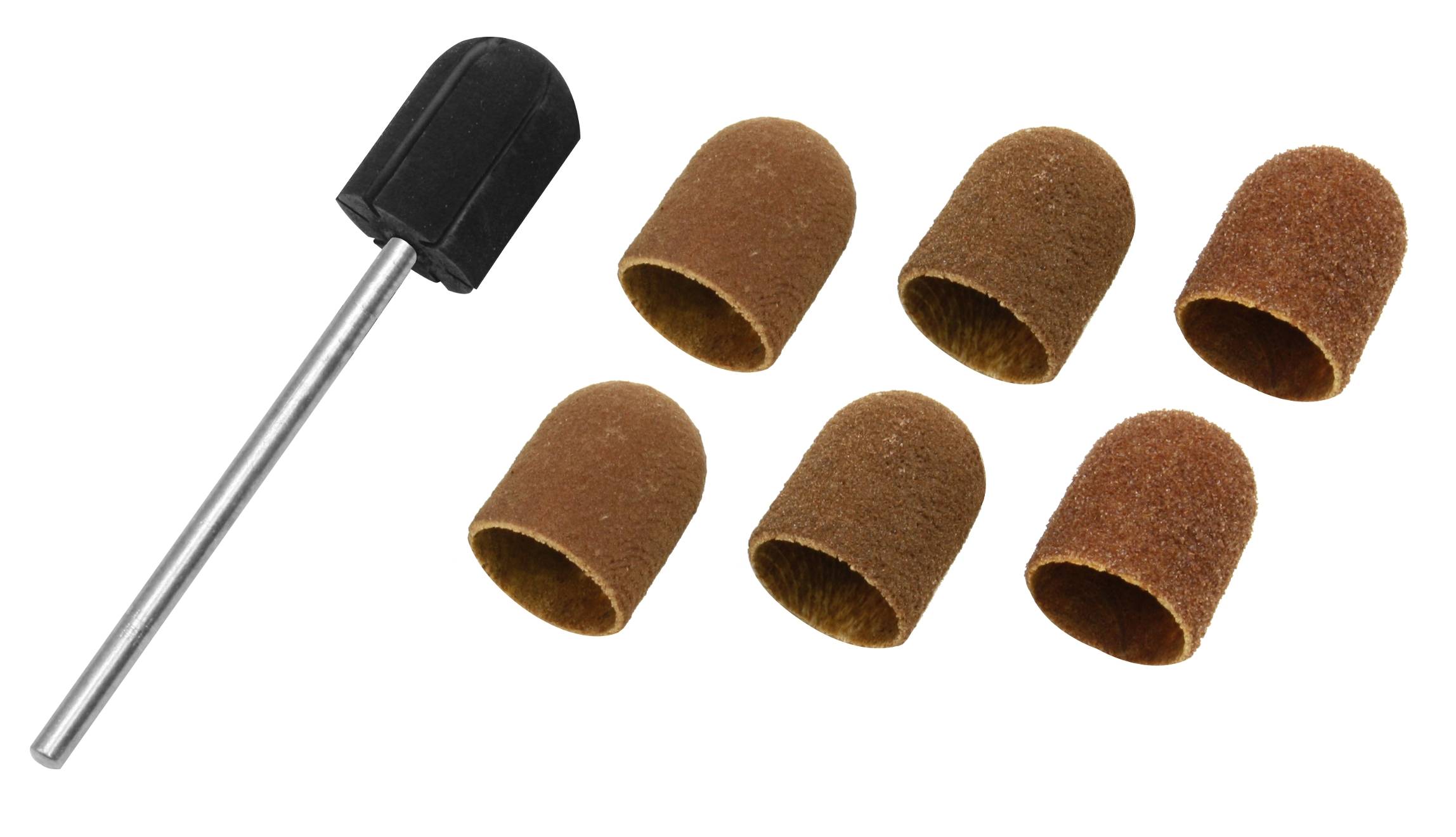 Nagelpflegeaufsatz mit Schleifkappen, einem Metallstift und sechs austauschbaren, braunen Schleifhülsen. Geeignet für elektrische Feilen.