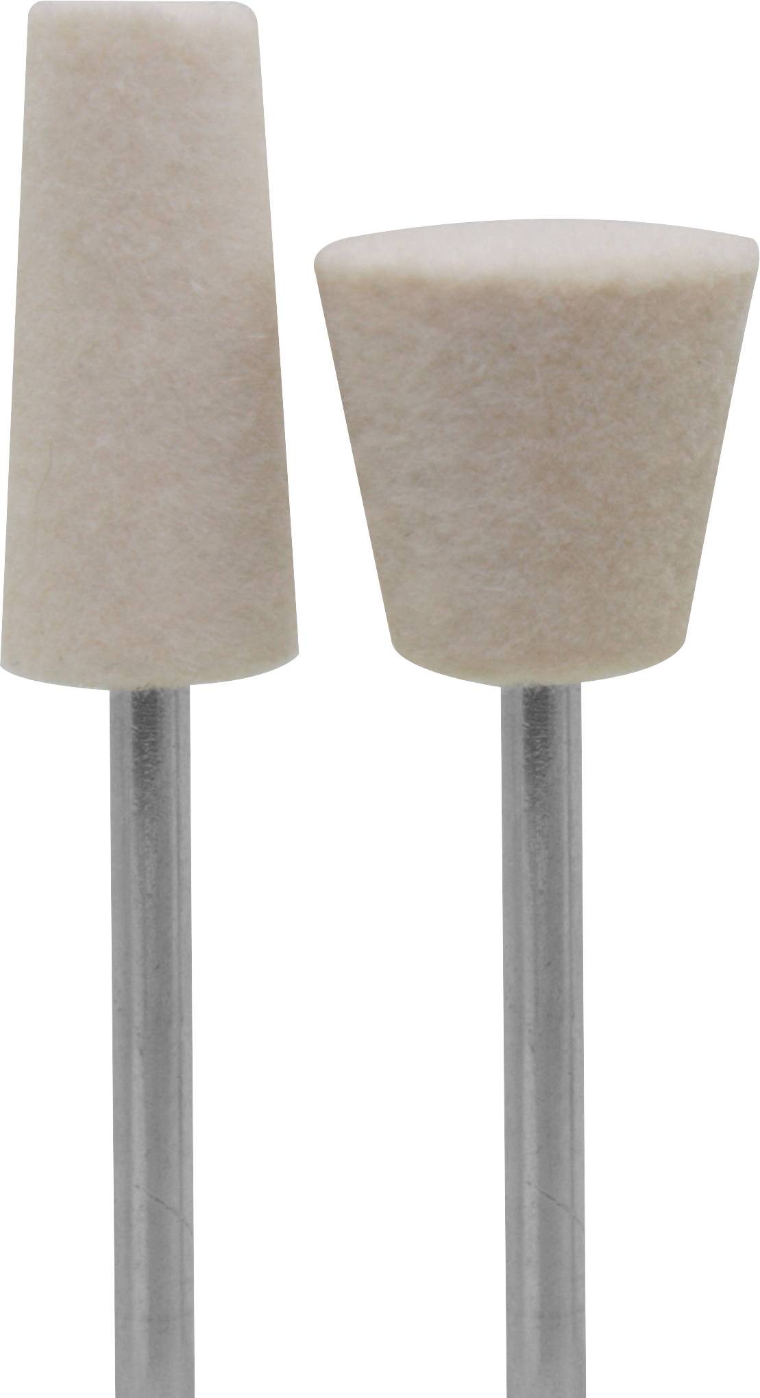 Zwei weiße Filz-Polierkegel auf silbernen Stielen, einer konisch, der andere zylindrisch, vor weißem Hintergrund.
