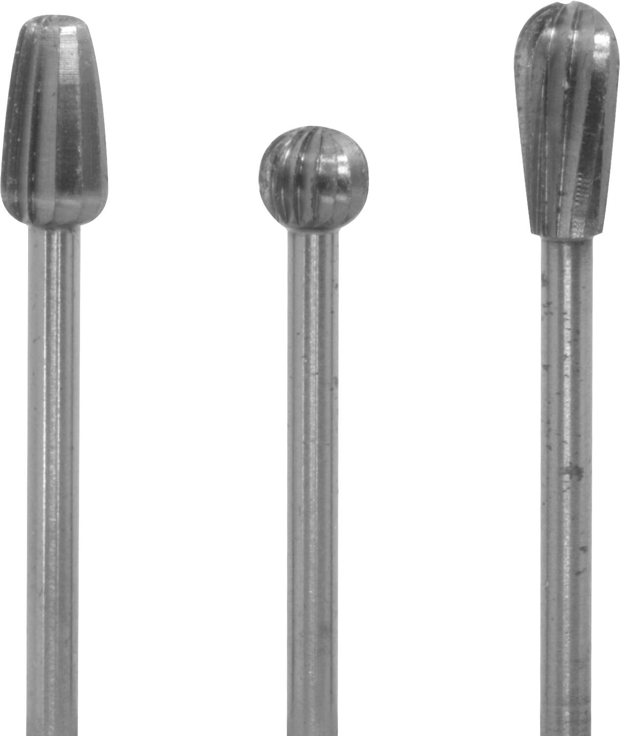 Drei unterschiedliche Frässtifte mit variierenden Formen auf weißen Hintergrund. Sie dienen zum präzisen Bearbeiten von Materialien.