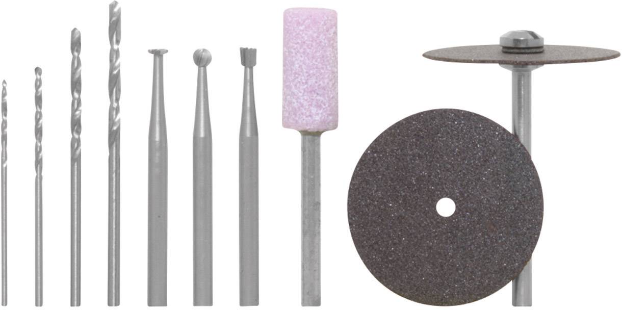 Ein Satz von neun Rotary-Werkzeugen: vier Bohrer, drei Fräser, ein Schleifstein und eine Trennscheibe mit Aufsatz. Ideal für Handwerksarbeiten.