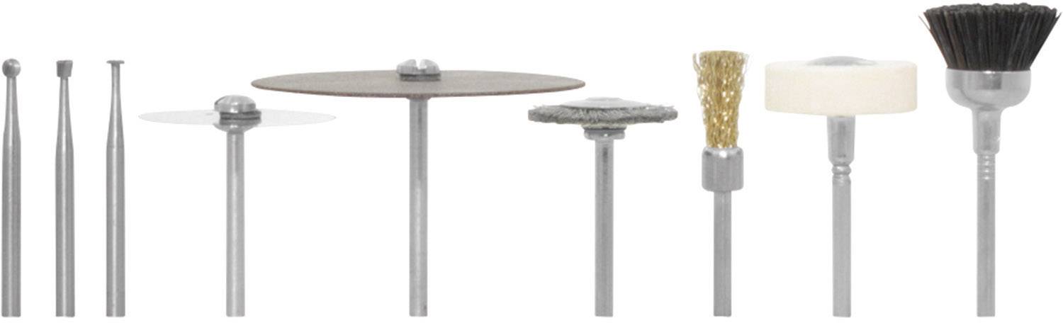 Dremel-Zubehör-Set mit verschiedenen Aufsätzen, darunter Fräser, Schleifscheiben und Bürsten, zur Bearbeitung von Materialien.