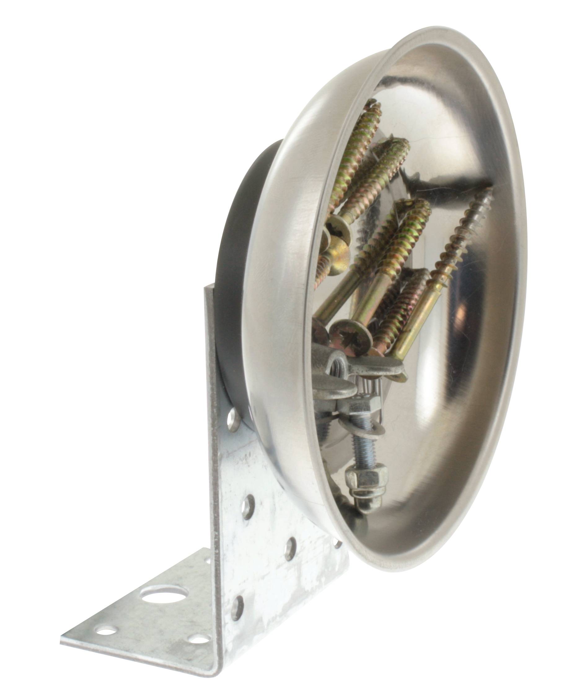 Schrauben in einer Metallschale auf einem Metallwinkelhalter