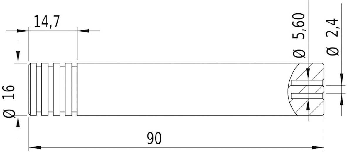Technische Zeichnung eines zylindrischen Objekts mit einer Länge von 90 und einem Durchmesser von 16. Enthält Maßangaben: 14,7, 5,60, 2,4.