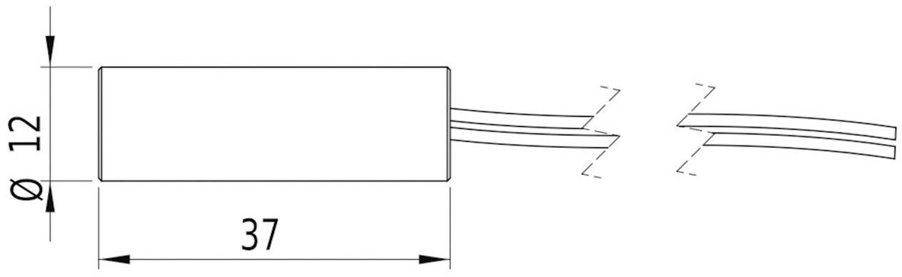 Technische Zeichnung eines zylindrischen Bauteils mit einem Durchmesser von 12 mm und einer Länge von 37 mm. Zwei Kabel ragen heraus.