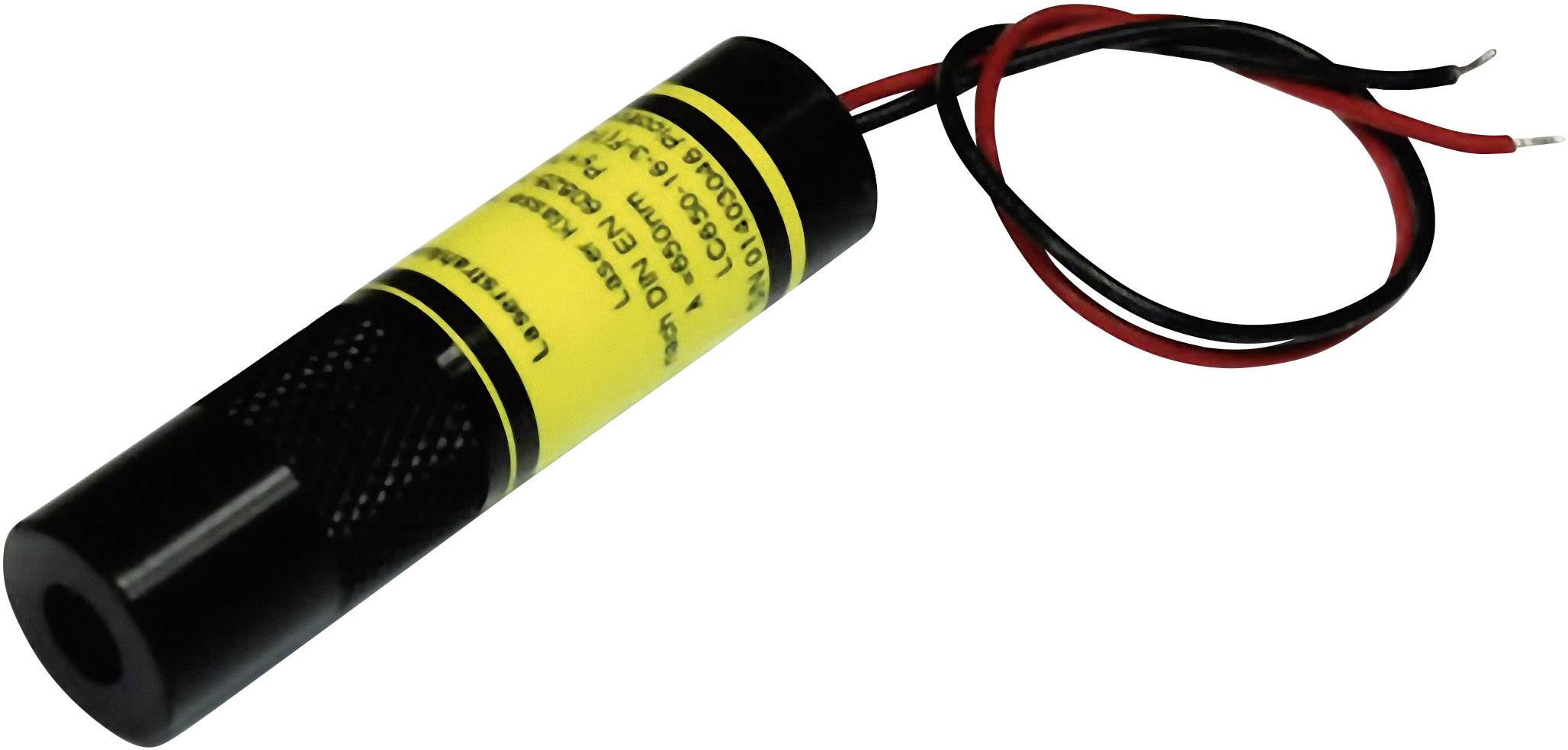 Ein zylinderförmiger Laser mit gelbem Warnaufkleber und roten und schwarzen Kabeln zum Anschluss an eine Stromquelle.