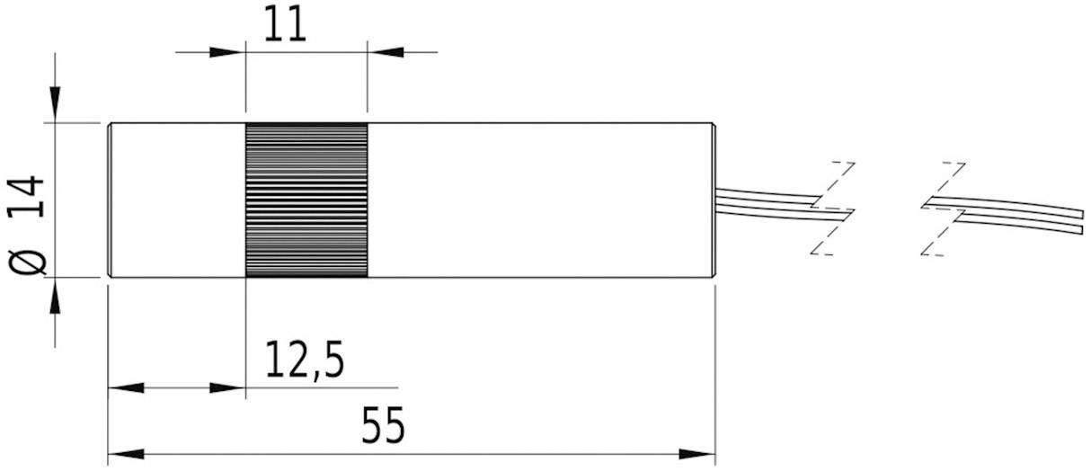 Abbildung eines zylindrischen Bauteils mit Maßen: Durchmesser 14, Länge 55, markierte Abschnitte bei 11 und 12,5 mm. Zwei Drähte im rechten Bereich.