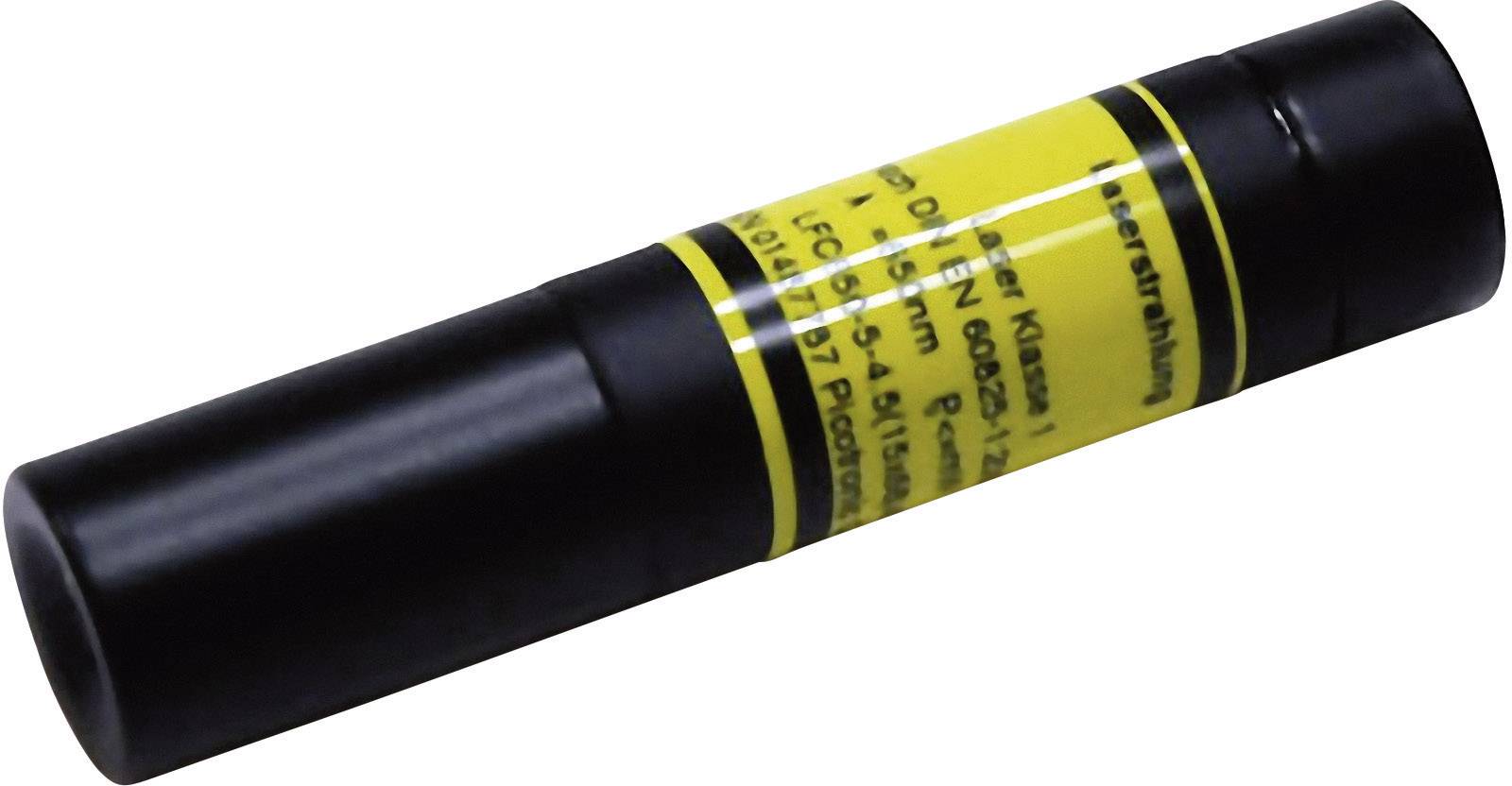 Schwarzer Laserpointer mit gelbem Warnetikett. Von der Seite gesehen, auf hellem Hintergrund liegend.