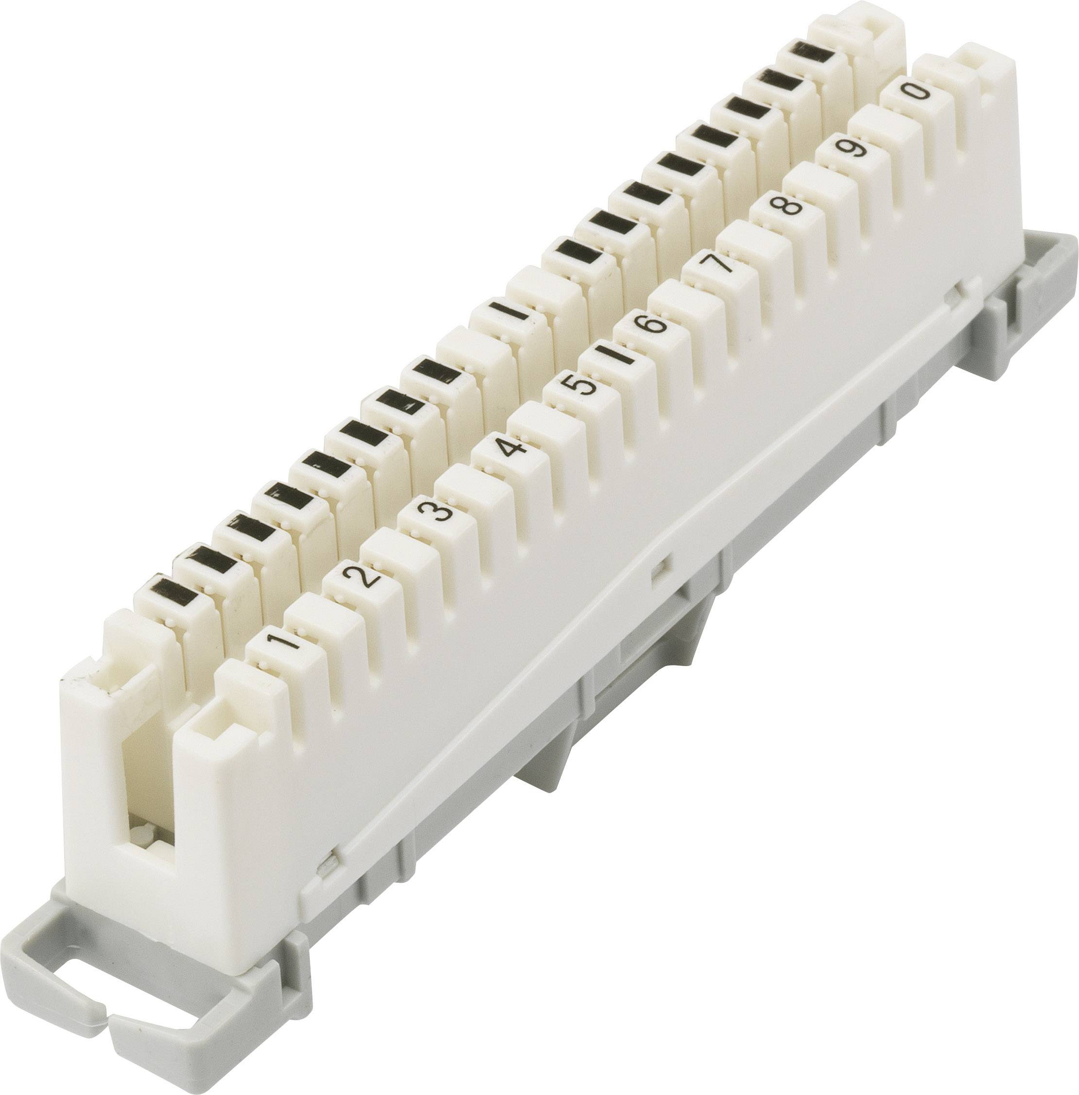 Ein weißer, rechteckiger Anschlussblock mit nummerierten Klemmen von 0 bis 9, für elektrische Verbindungen geeignet.