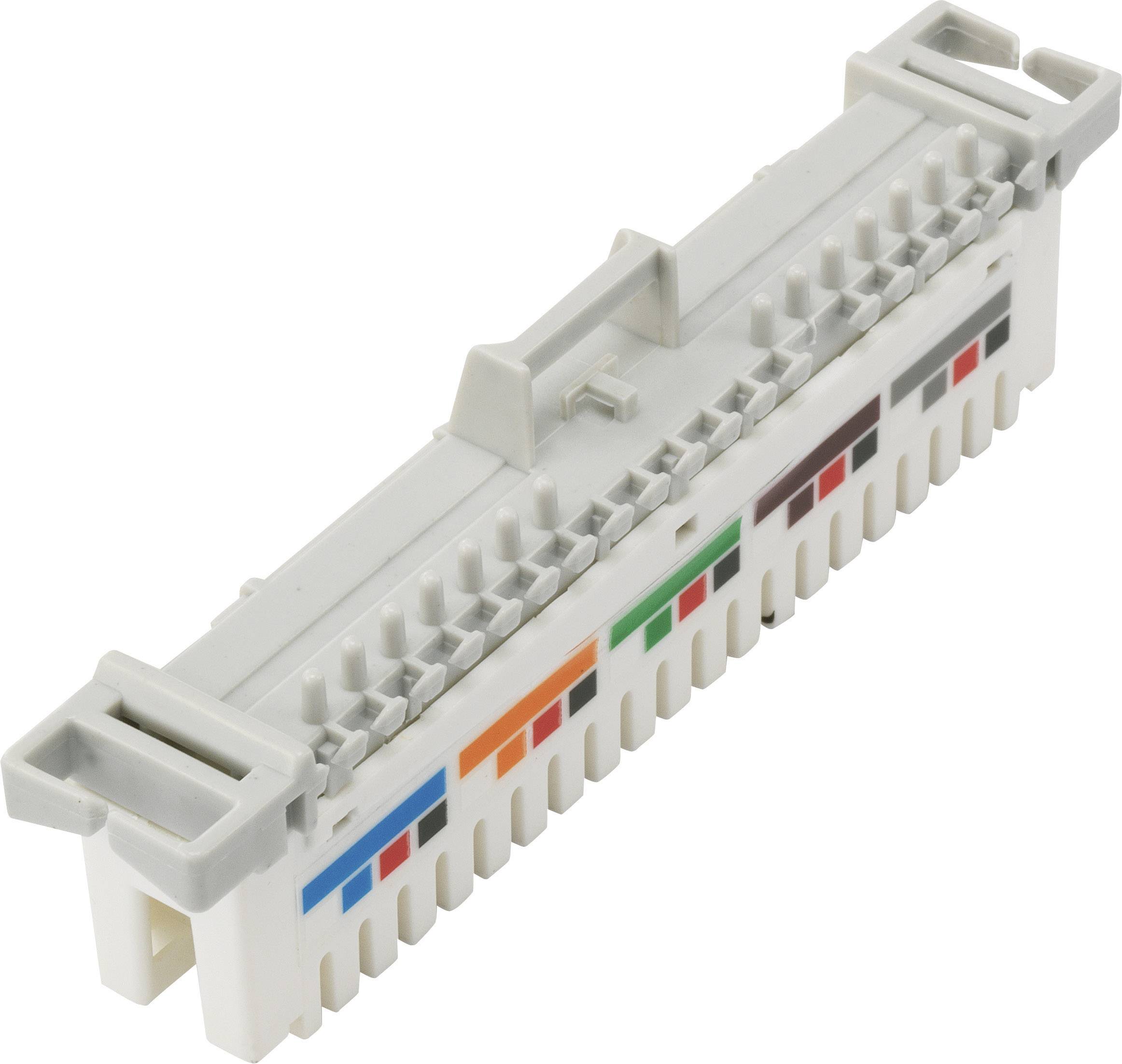 Ein grauer elektrischer Steckverbinder mit farbcodierten Leitungsanschlüssen, der für Netzwerkinstallationen oder Verkabelung verwendet wird.