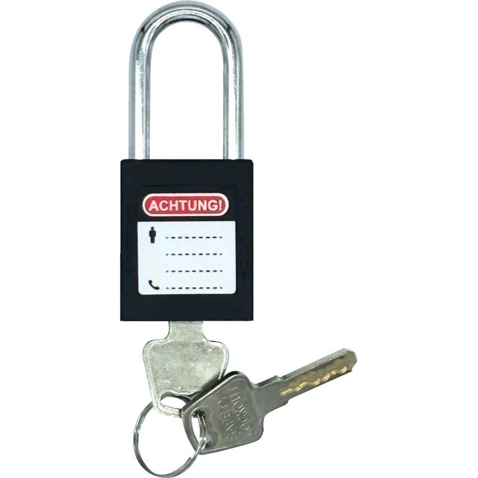 Vorhängeschloss zur Wartungssicherung, schwarz, Stahlbügel, 37x89x20mm, 2 Schlüssel