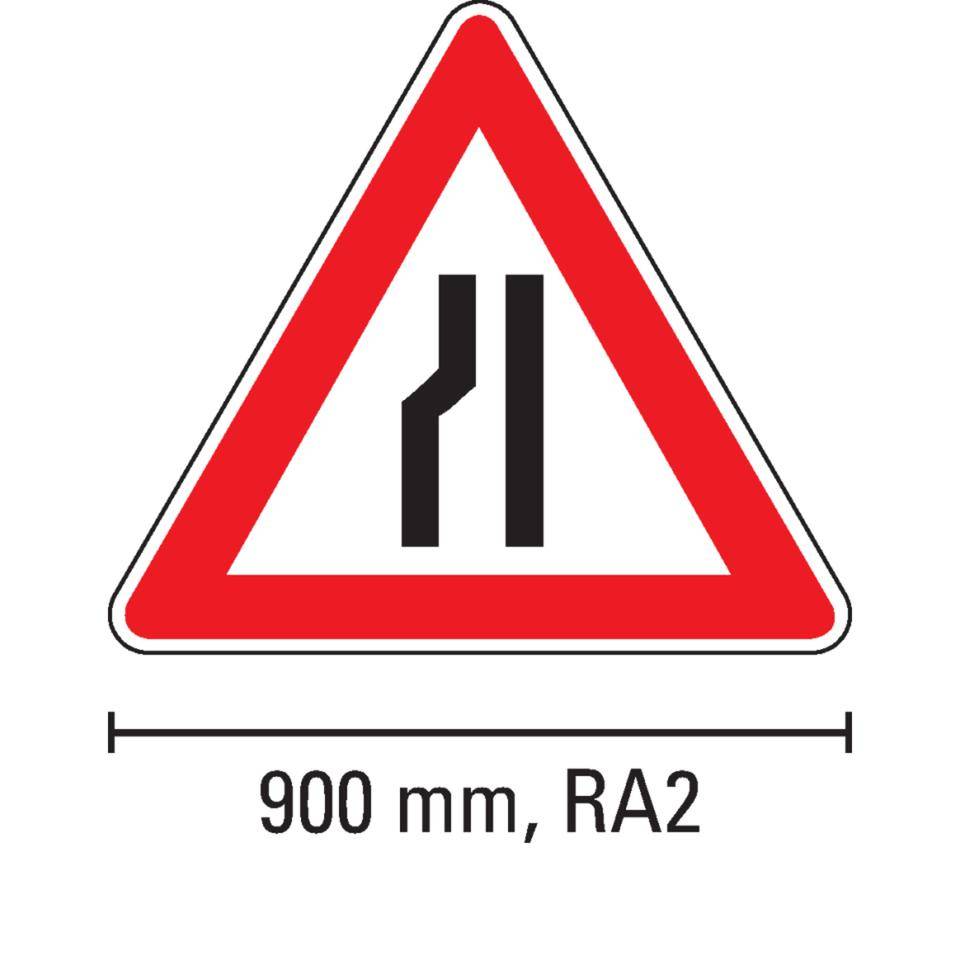 Verkehrszeichen Verengte Fahrbahn links, Nr.121-20, Aluminium RA2, reflektierend, SL 900mm, DIN 67520