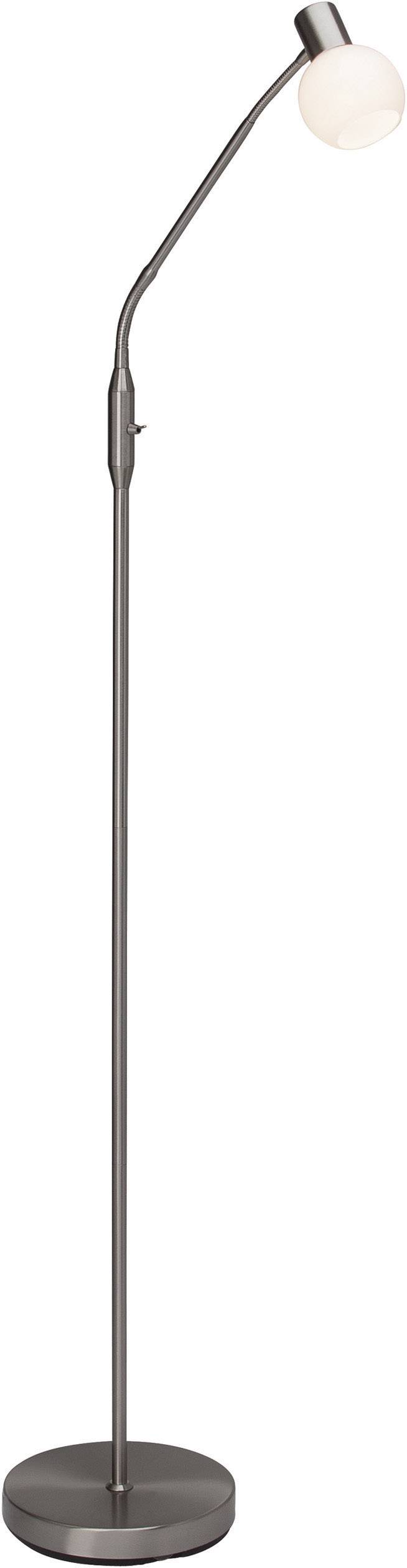 Stehlampe mit schlankem, gebogenem Design und rundem, weißem Leuchtkopf. Eignet sich gut für modernes Innenraumambiente.