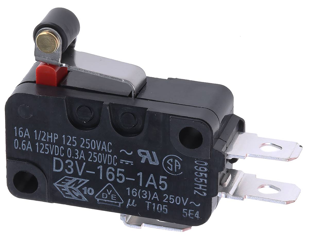 Omron Mikroschalter Kurzer Rollenhebel-Betätiger Löten, Flachstecker, 16 A @ 250 V ac, SPDT IP 40 -25°C - +105°C