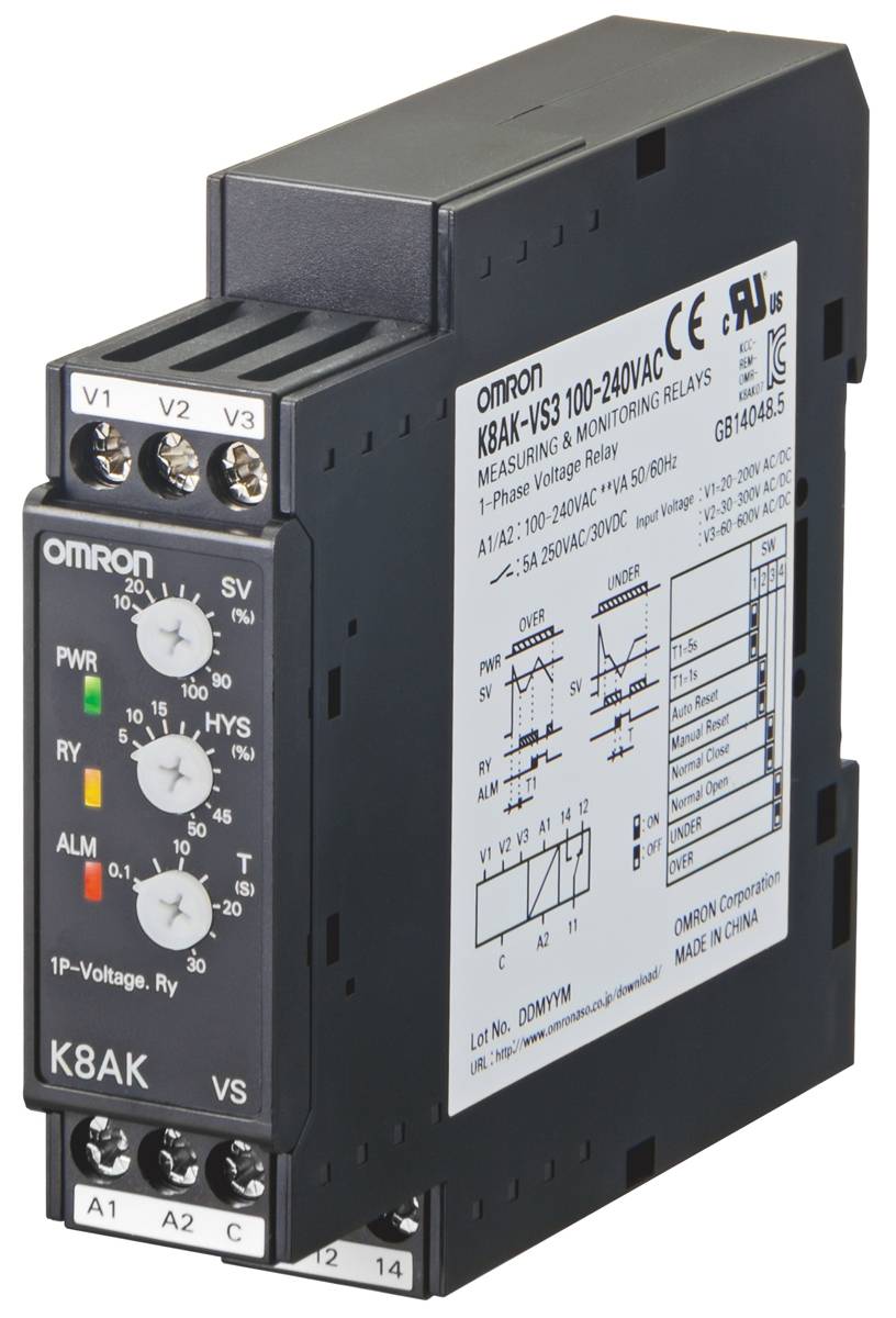 Omron K8AK-VS Überwachungsrelais 1 → 10 V ac/dc, 15 → 150 V ac/dc, 3 → 30V ac/dc 1-phasig,