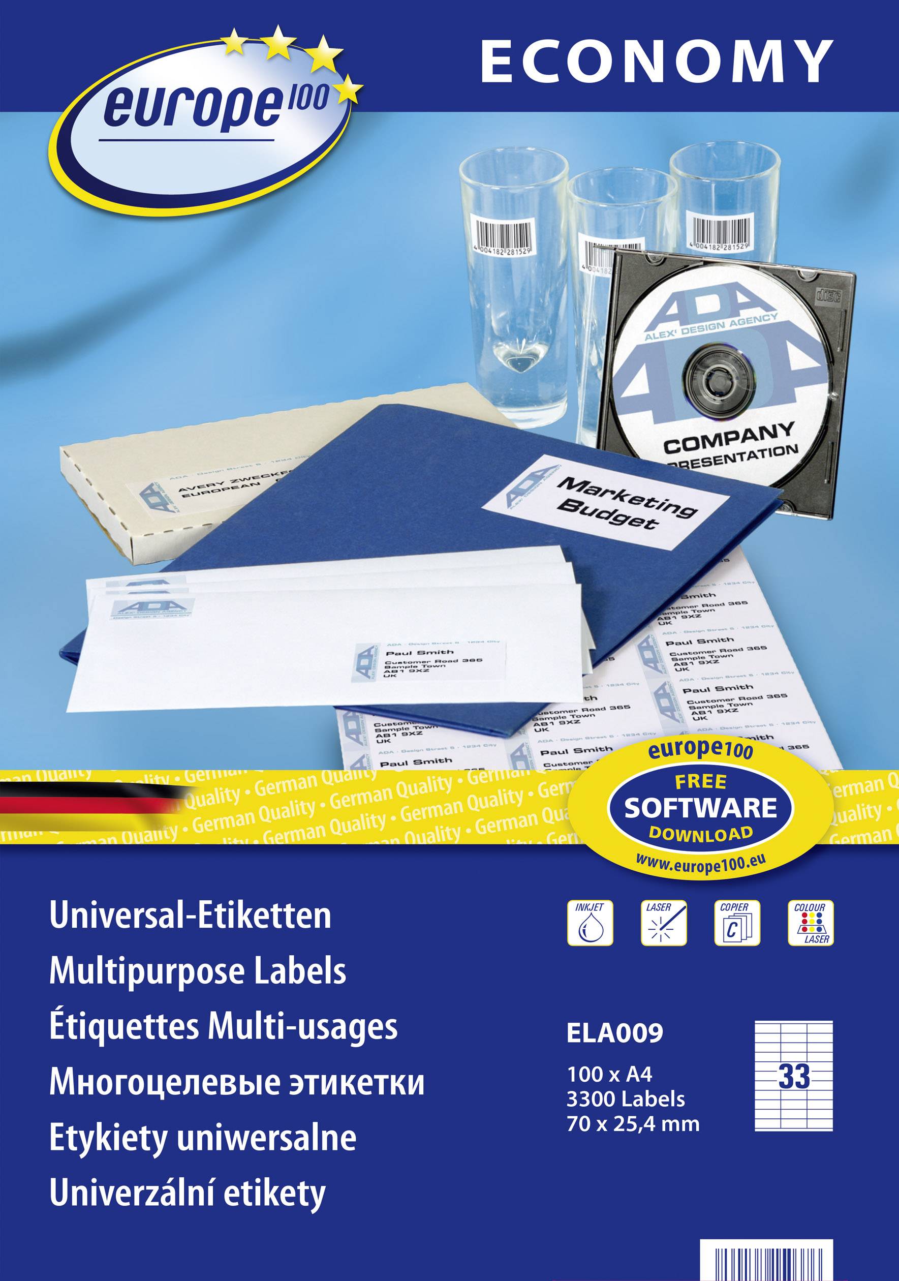 Europe 100 ELA009 Universal-Etiketten 70 x 25.4 mm Papier Weiß 3300 St. Permanent haftend Tintenstrahldrucker, Laserdrucker, Farblaserdrucker