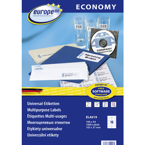 Europe 100 ELA019 Etiketten 105 x 37.1 mm Papier Weiß 1600 St. Permanent Universal-Etiketten Tinte, Laser, Kopie 100 Blatt DIN A4