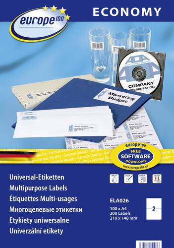 Europe 100 ELA026 Etiketten 210 x 148.5mm Papier Weiß 200 St. Permanent Universal-Etiketten Tinte,
