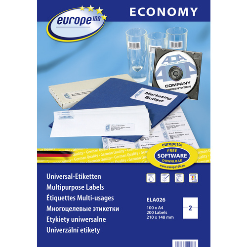 Europe 100 ELA026 Universal-Etiketten 210 x 148.5mm Papier Weiß 200 St. Permanent haftend Tintenstrahldrucker, Laserdrucker