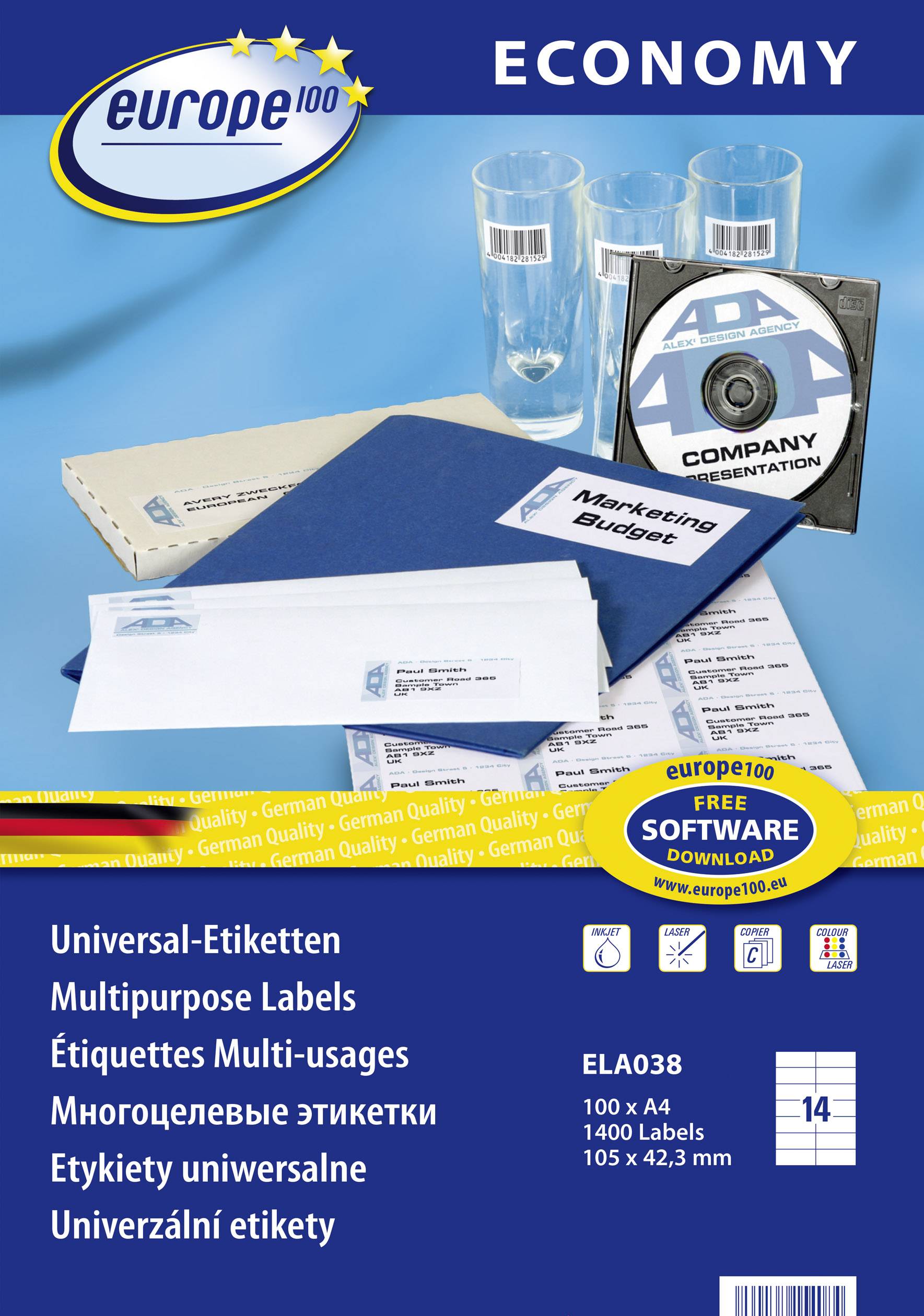 Europe 100 ELA038 Universal-Etiketten 105 x 42.3 mm Papier Weiß 1400 St. Permanent haftend Tintenstrahldrucker, Laserdrucker, Farblaserdrucker