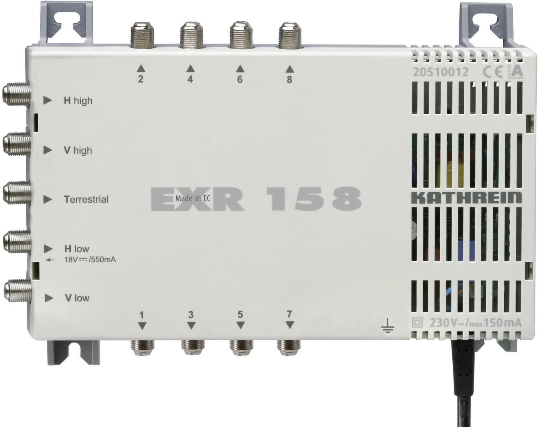 Das Bild zeigt einen EXR 158 Multischalter von Kathrein mit Anschlüssen für Satelliten- und terrestrische Signale, geeignet für TV-Empfang.
