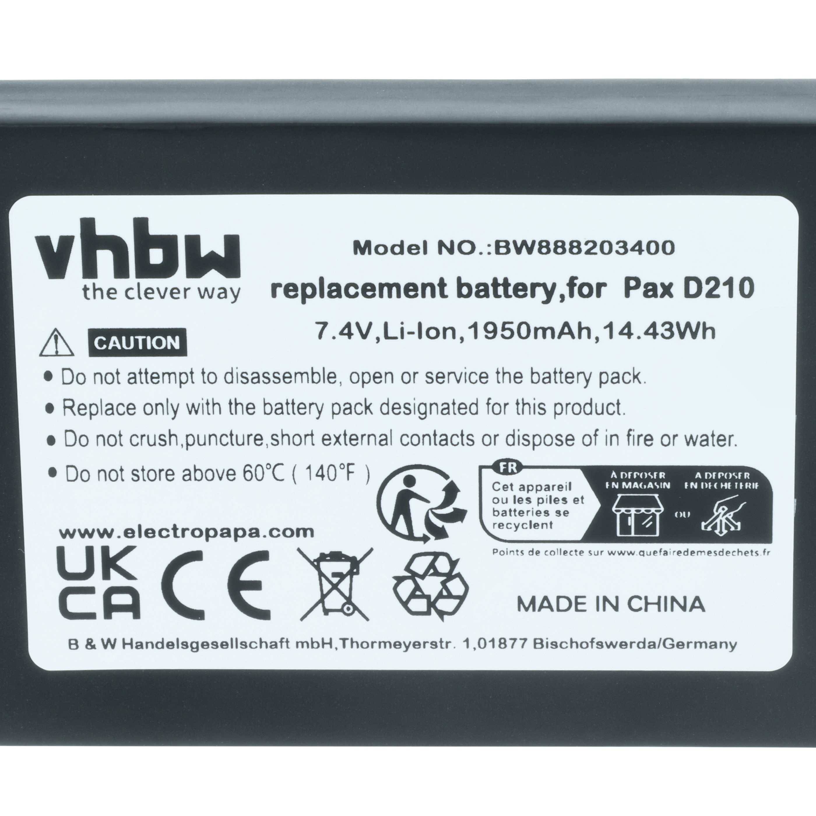 vhbw 5x Akku kompatibel mit Pax D210, D210 BlueTooth, D210 GPRS, myPOS D210 Wifi Barcodescanner POS (1750 mAh, 7,4 V