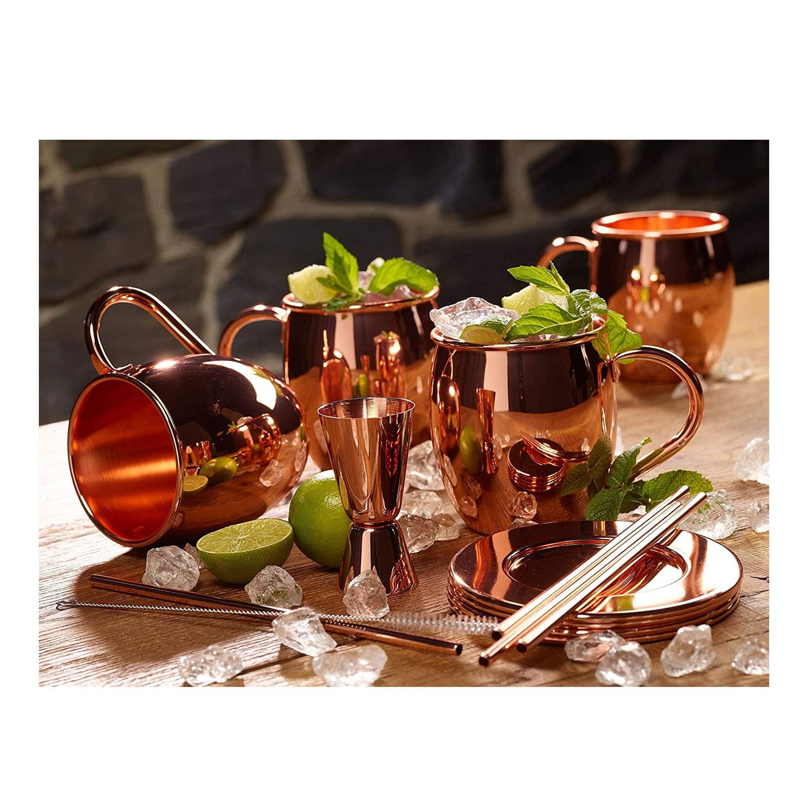 ECHTWERK Moscow Mule Kupferbecher 5er Set gefertigt aus Edelstahl bestehend aus 4x Kupferbecher 500ml und 1x Messbecher 2cl/4cl