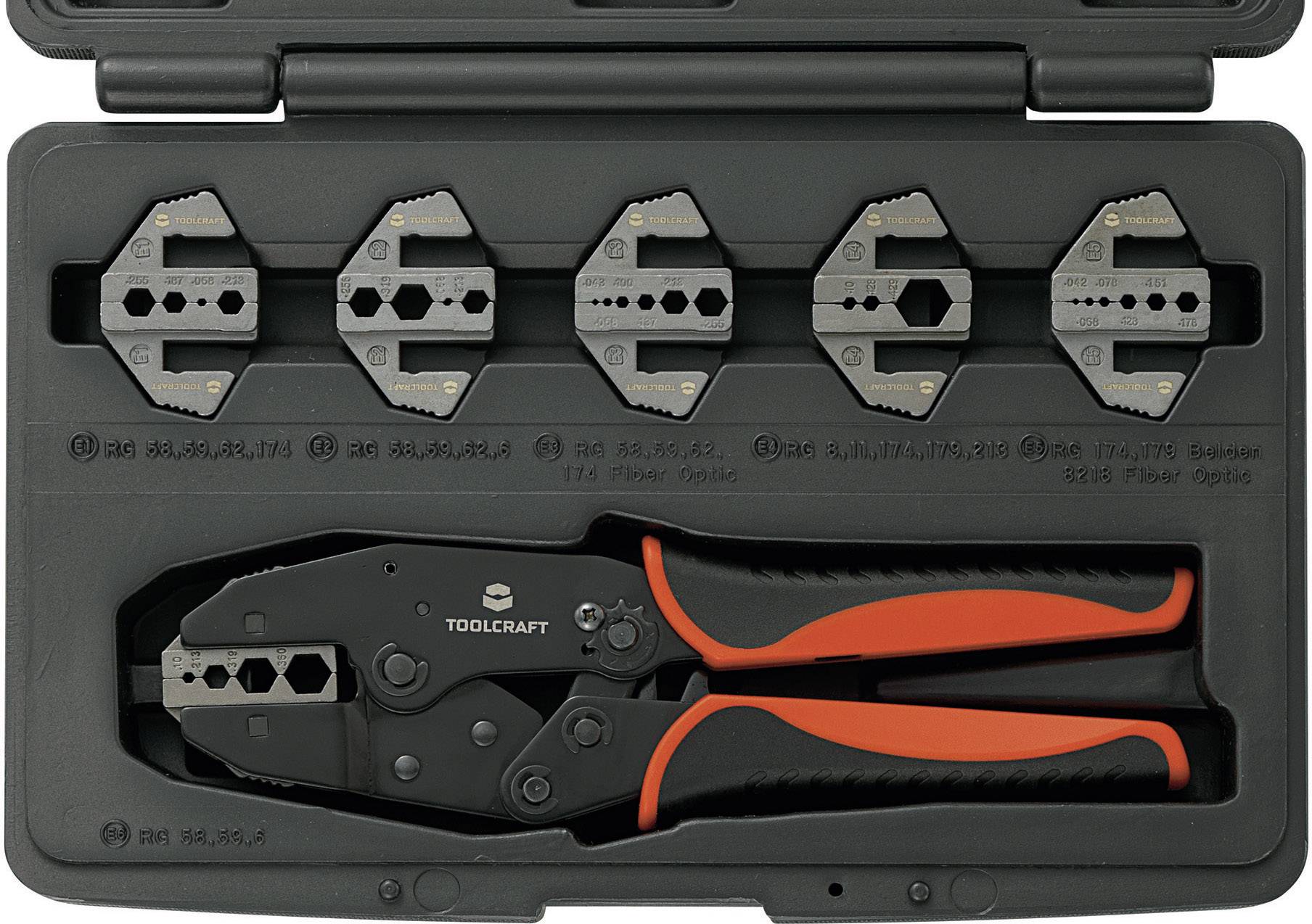 TOOLCRAFT PZ-505 818645 Crimpzange 7teilig Koaxial-Steckverbinder BNC, TNC, LWL-Stecker RG6, RG8, RG11, RG58, RG59, RG62, RG174