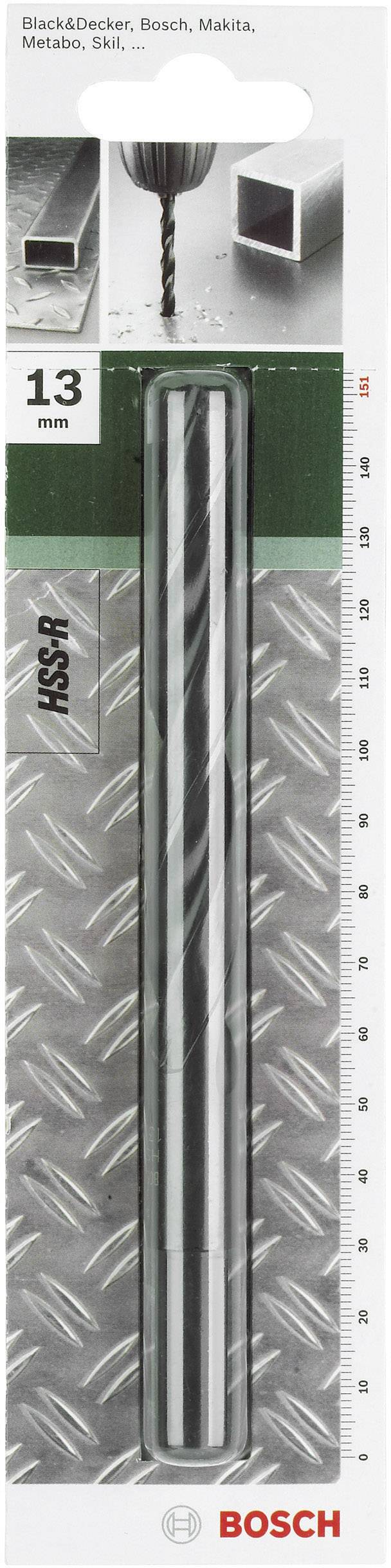 'Bosch Metallbohrer HSS-R, 13 mm' in Verpackung, zeigt einen langlebigen Spiralbohrer aus Stahl auf grauem Hintergrund.