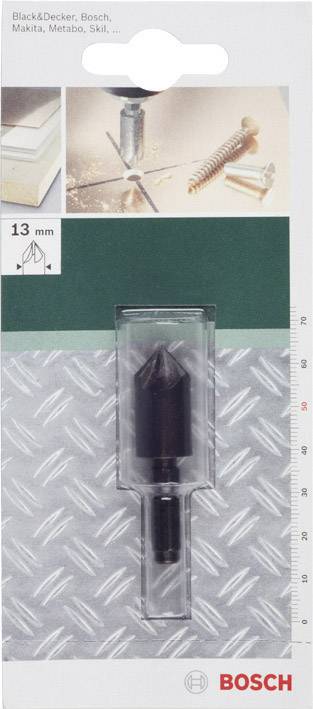'Bosch Senkerbohrer 13 mm' in Verpackung. Produkt ist für Holz, Metall, Kunststoff geeignet. Abgebildet im Anwendungsbeispiel.