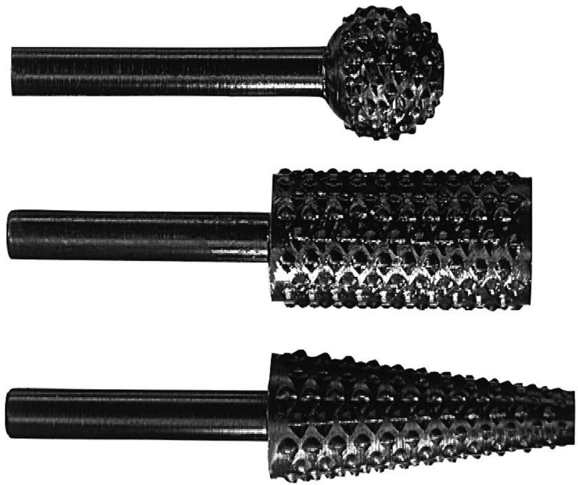 Drei rotierende Schleifköpfe in verschiedenen Formen: kugelförmig, zylindrisch und kegelförmig. Ideal für Metallbearbeitung.