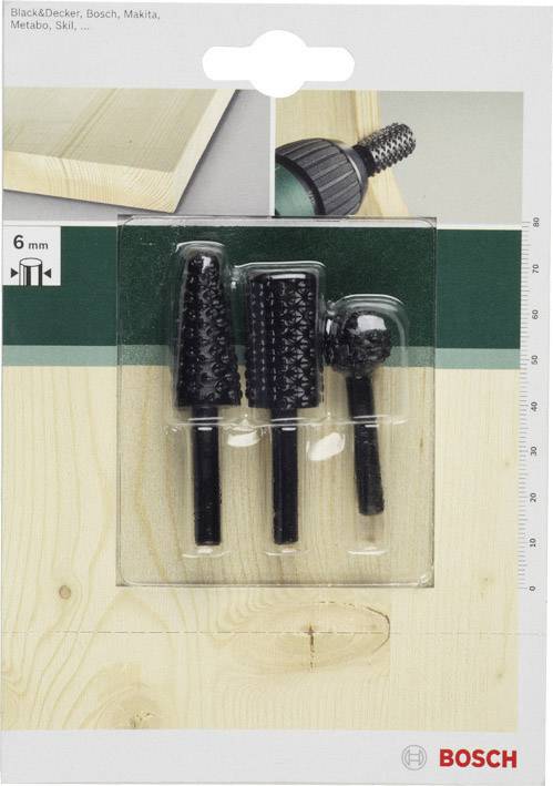 Set von drei schwarzen Frässtiften mit unterschiedlichen Formen in transparenter Verpackung. Beschriftung oben zeigt kompatible Marken.