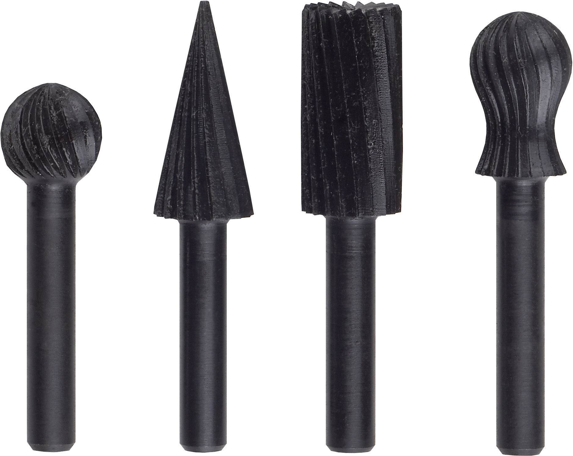 Vier rotierende Schleifaufsätze in unterschiedlichen Formen: eine Kugel, ein Kegel, ein Zylinder und eine geriffelte Halbkugel.