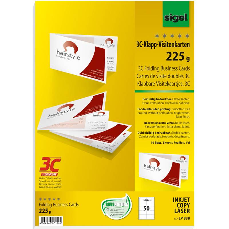 sigel Falt-Visitenkarten 3C, 90/180 x 55 mm, hochweiß