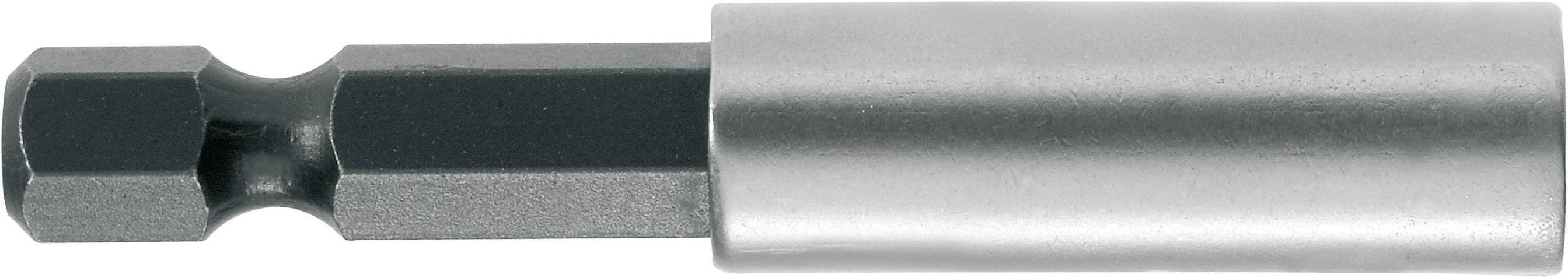 Ein silberner Magnet-Bithalter mit einem schwarzen, sechseckigen Schaft. Geeignet zum Halten von Schraubendreher-Bits.