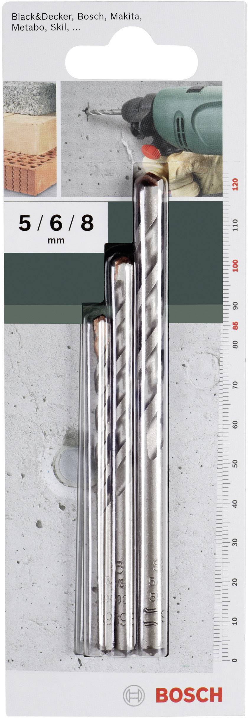 Drei Bosch Bohrer mit Maßen 5/6/8 mm in Verpackung. Geeignet für Black&Decker, Bosch, Makita, Metabo, Skil. Beispielbild: Bohrmaschine in Wand.